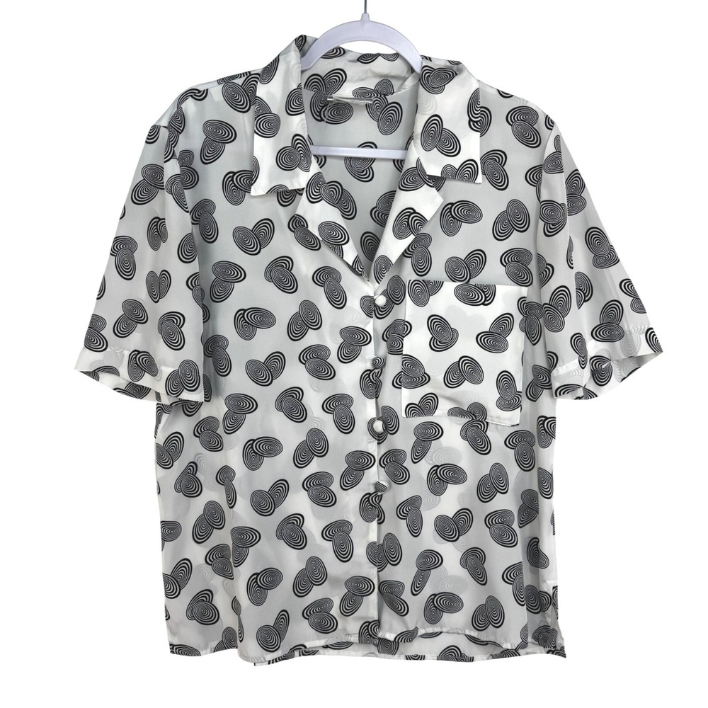 Evan Picone Vintage Black White Psychedelic Heart Print Button Down Shirt Sz 12